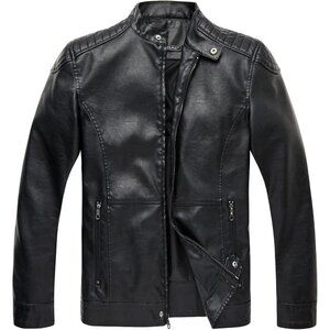 🆕 Men Black Stand Collar Leather Jacket Motorcycle Lightweight Faux Outwear